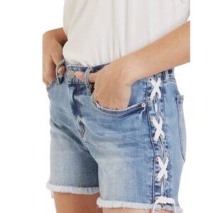 Dear John Lace Up Distressed Raw Hem Blue Denim Preppy Casual Shorts Size 27